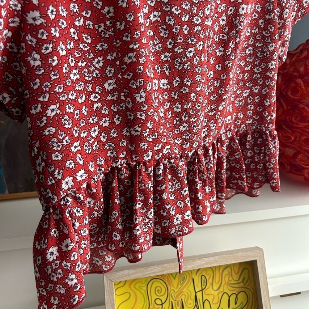 SHEIN Red Floral Tie Front Peplum Blouse Women’s Boho Cottagecore Crop Top - Picture 9 of 15